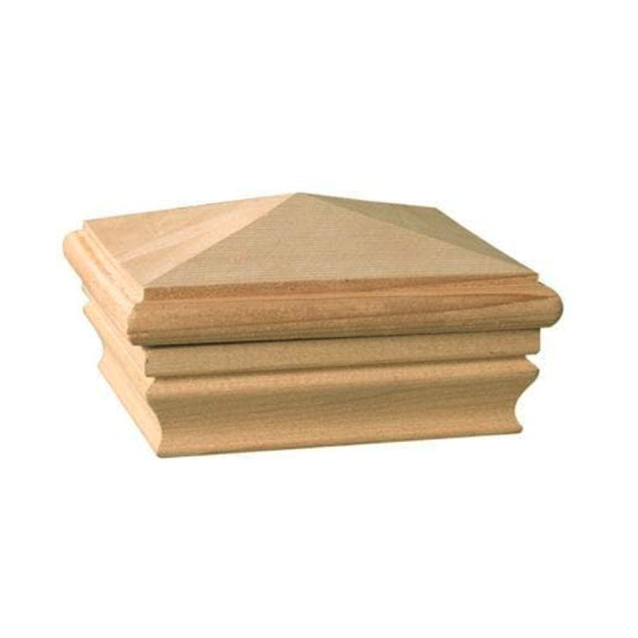 The Go Build 4 in. x 4 in. Pyramid Wood Post Cap features a square base, grooved sides, and a pyramid top—ideal for pressure-treated deck or fence posts; shown on a white background.